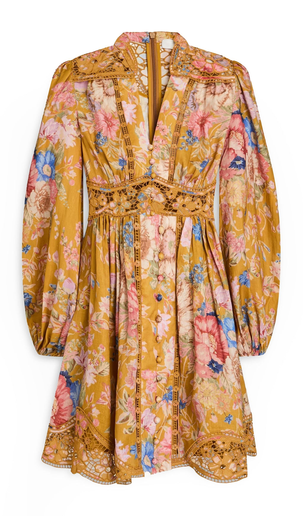 Kafes Kenarlı Çiçek Desenli Keten Mini Elbise