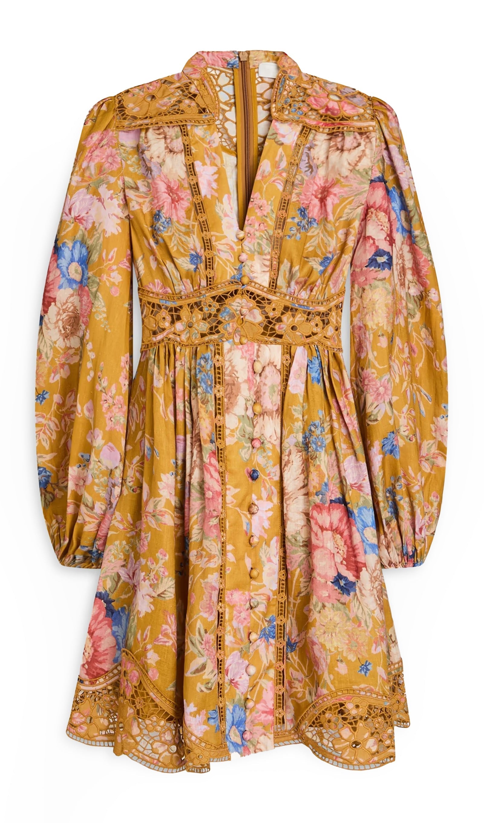 Kafes Kenarlı Çiçek Desenli Keten Mini Elbise