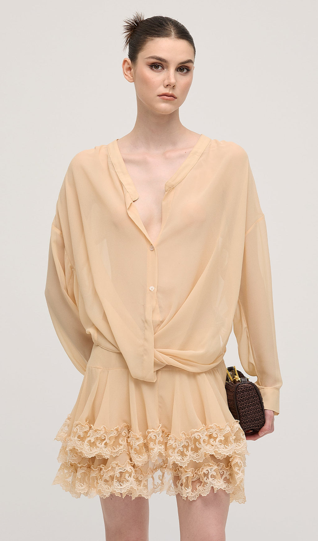 Uzun Kollu Katlı Mini Elbise