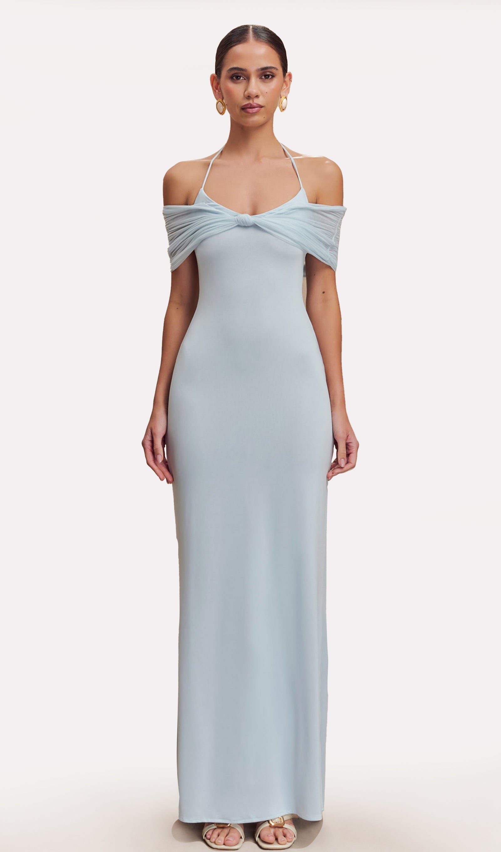 Bebek Mavisi File Ve Slinky Askılı Uzun Elbise