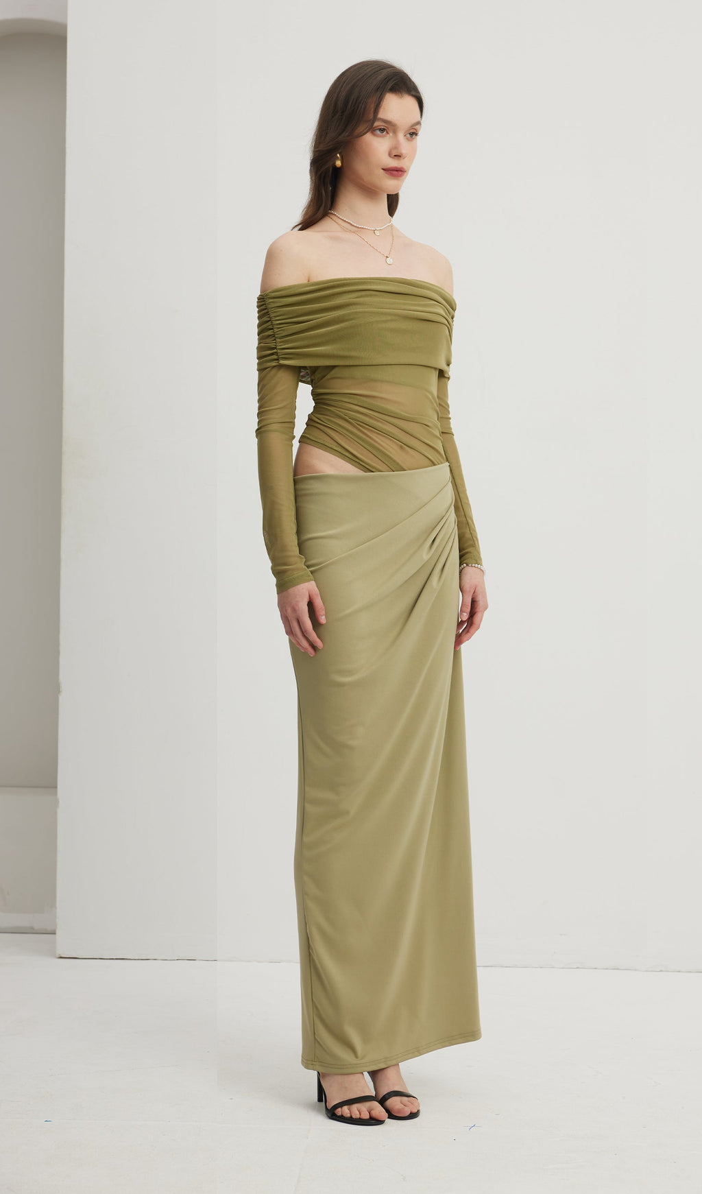 Omuz Açık Şeffaf Uzun File Yeşil