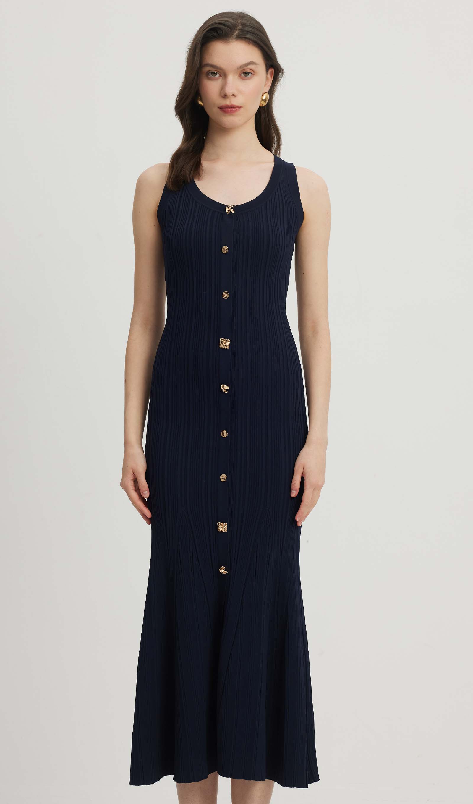 Metalik Düğmeli Örme Midi Elbise