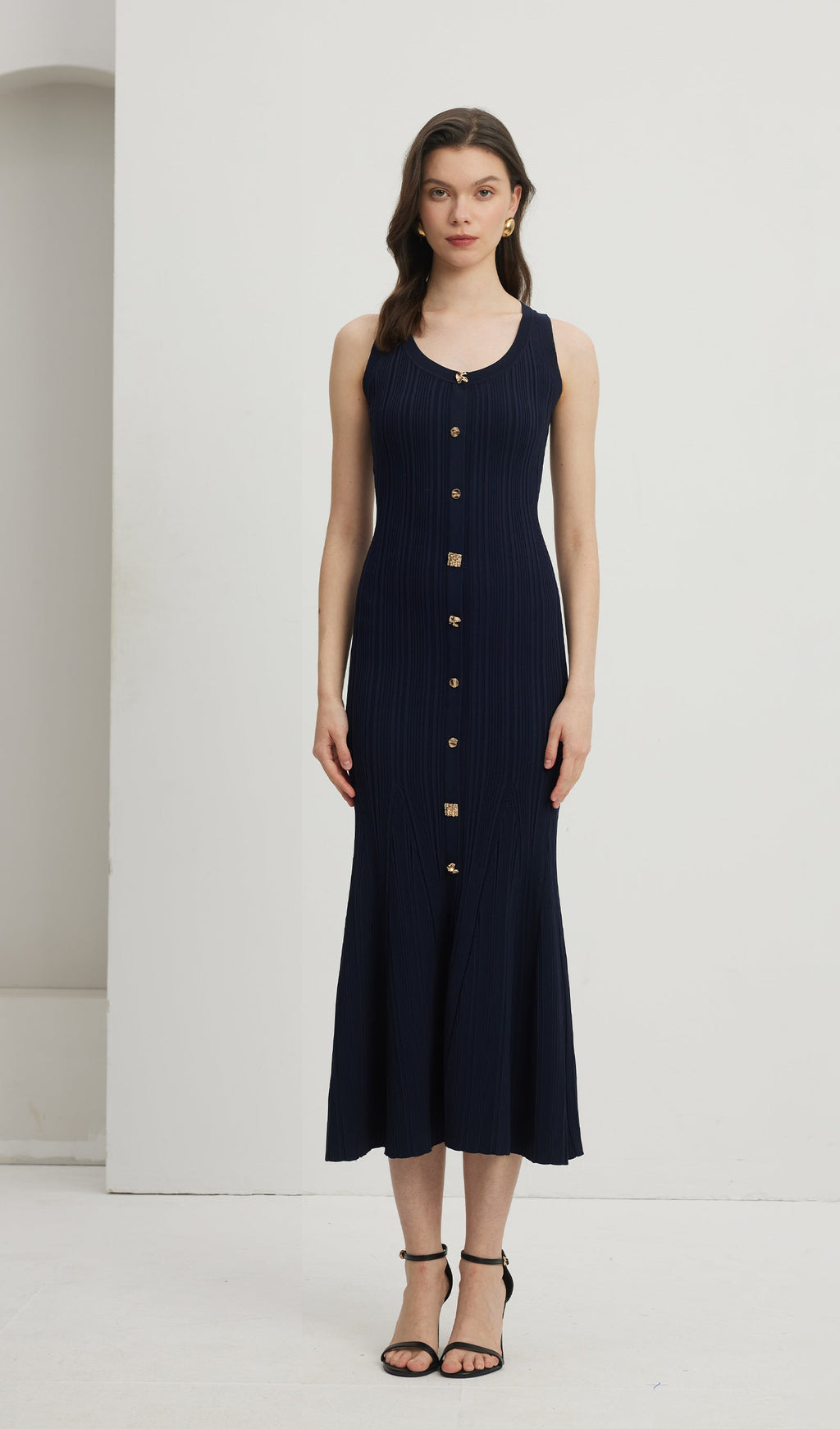 Metalik Düğmeli Örme Midi Elbise