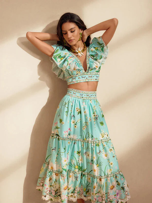 AUDEN Papatya Desenli Etek ve Bluz Takımı