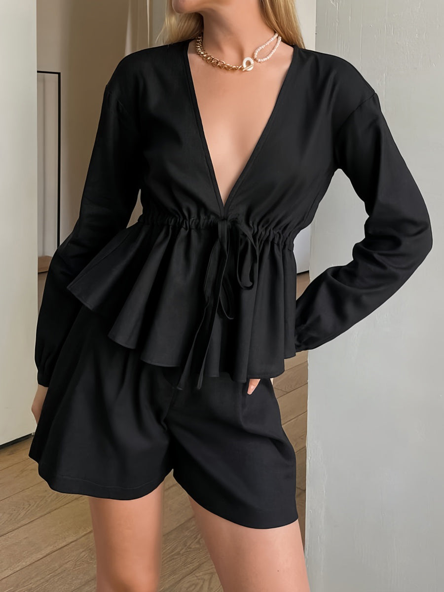 Siyah Bağlamalı Şort Takımı