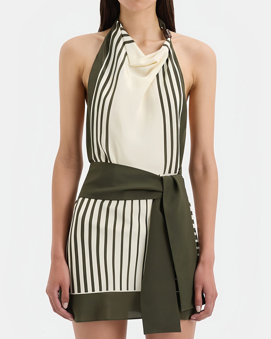 Çizgili Askılı Açık Sırtlı Mini Elbise