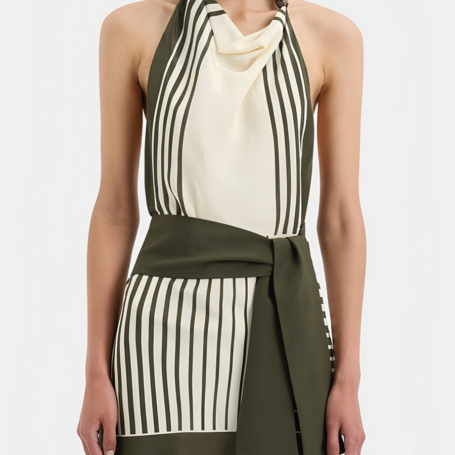 Çizgili Askılı Açık Sırtlı Mini Elbise