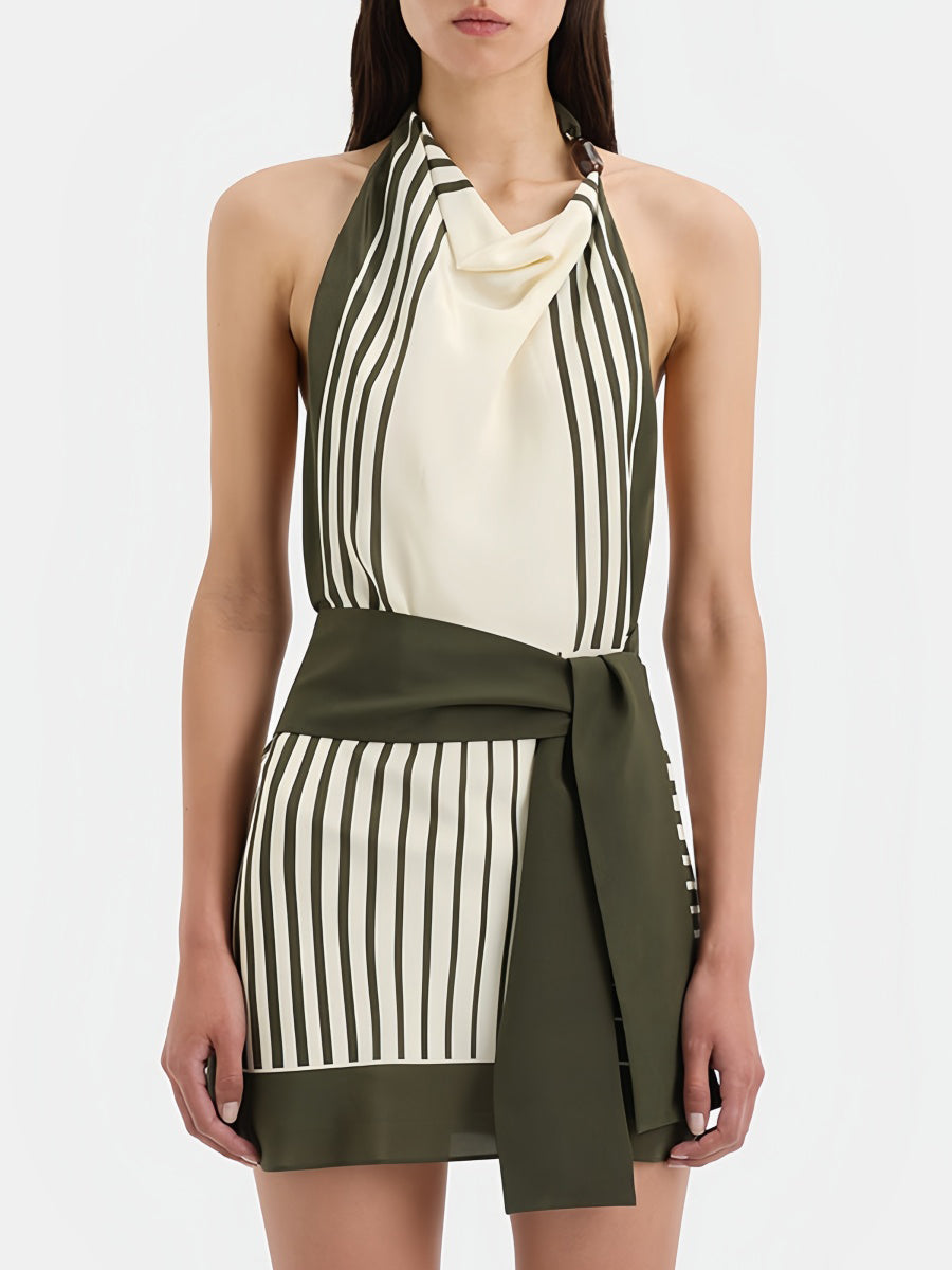 Çizgili Askılı Açık Sırtlı Mini Elbise