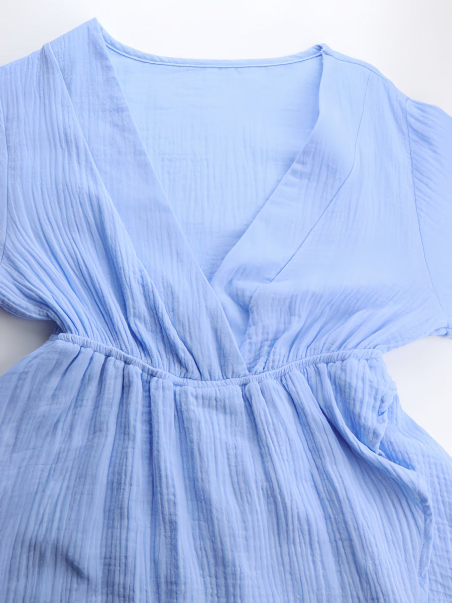 Kemersiz V Yaka Fener Kollu Mini Elbise