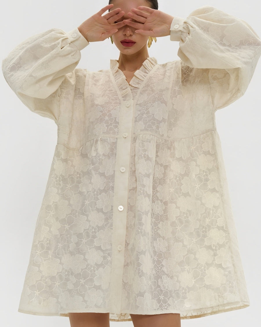 İşlemeli Çiçekli Bol Gömlek Elbise