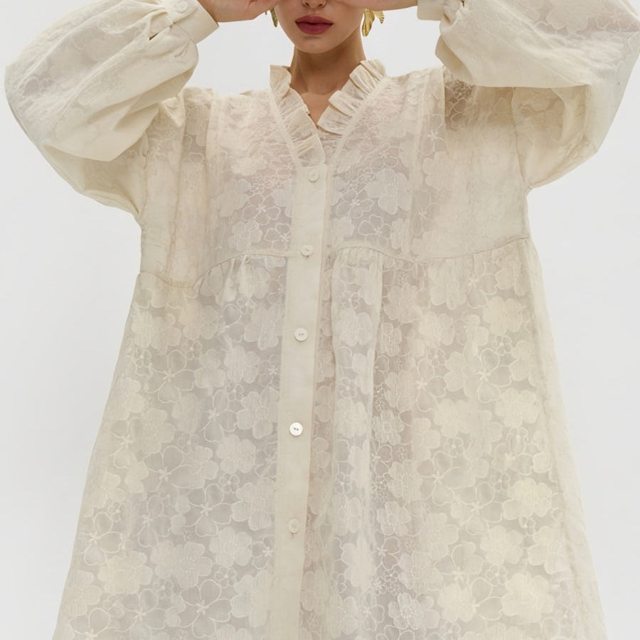 İşlemeli Çiçekli Bol Gömlek Elbise