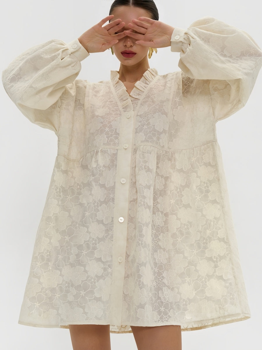 İşlemeli Çiçekli Bol Gömlek Elbise