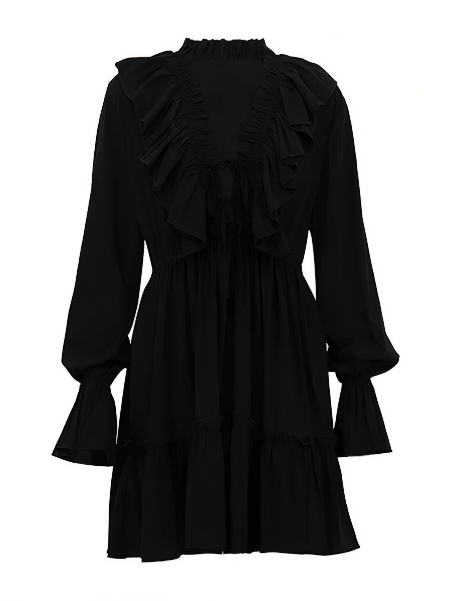 Volanlı V Yakalı Kloş Kollu Mini Elbise