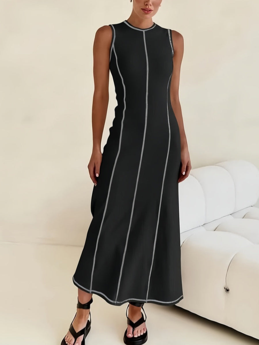 Kontrast Dikişli Kolsuz Midi Elbise