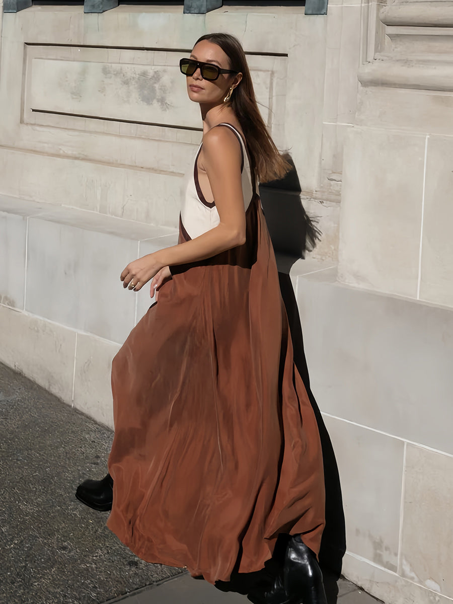 Renk Bloklu Kolsuz Sırtı Açık Uzun Elbise