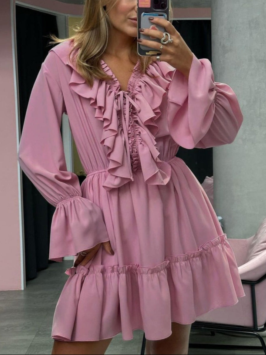Volanlı V Yakalı Kloş Kollu Mini Elbise
