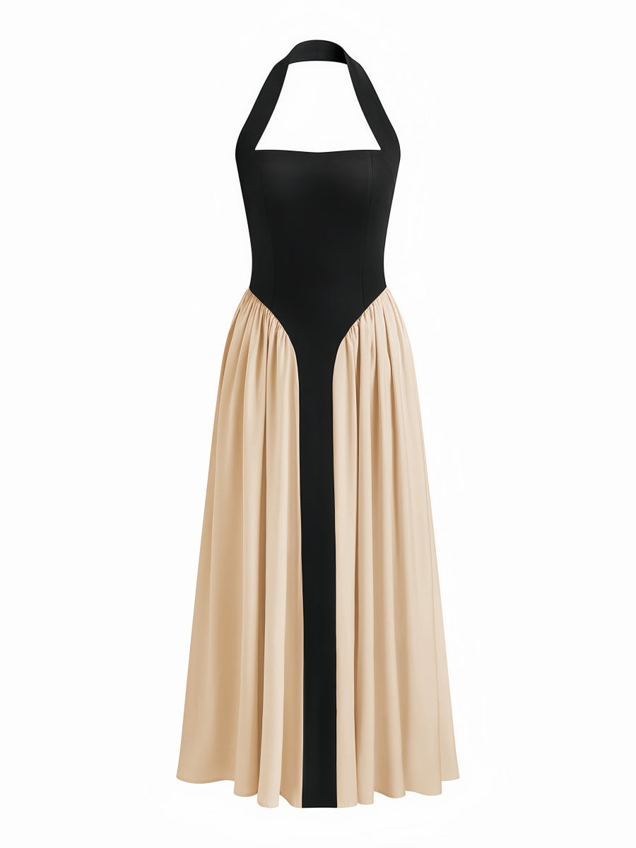 Renk Bloklu Kolsuz Askılı Midi Elbise