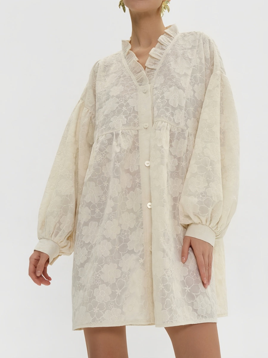 İşlemeli Çiçekli Bol Gömlek Elbise