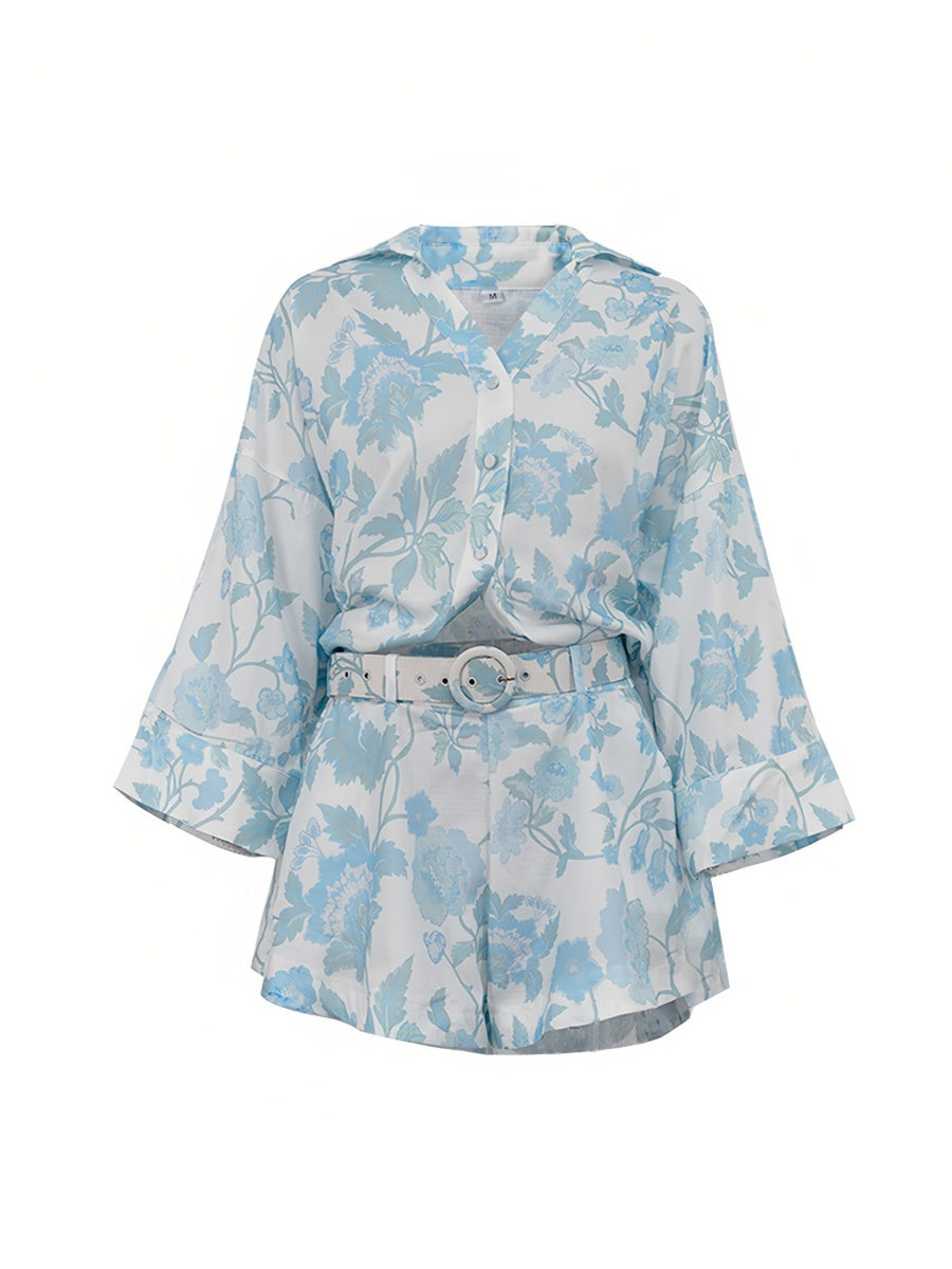 Mavi Çiçekli Kemerli Şort Takımı