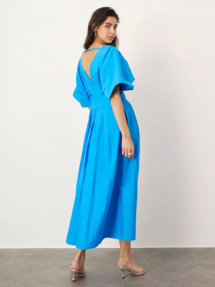 Zarif V Yaka Pileli Midi Elbise