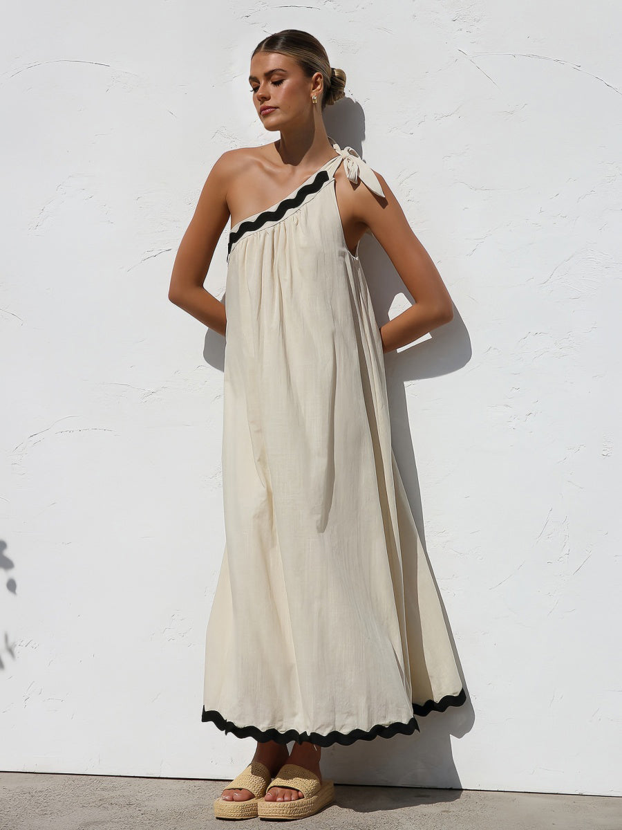 Tek Omuzlu Kontrast Etek Tatil Elbisesi