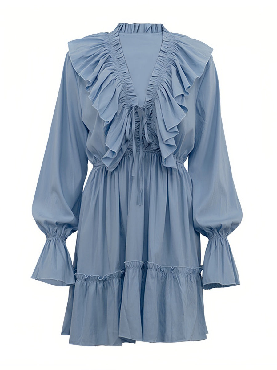 Volanlı V Yakalı Kloş Kollu Mini Elbise