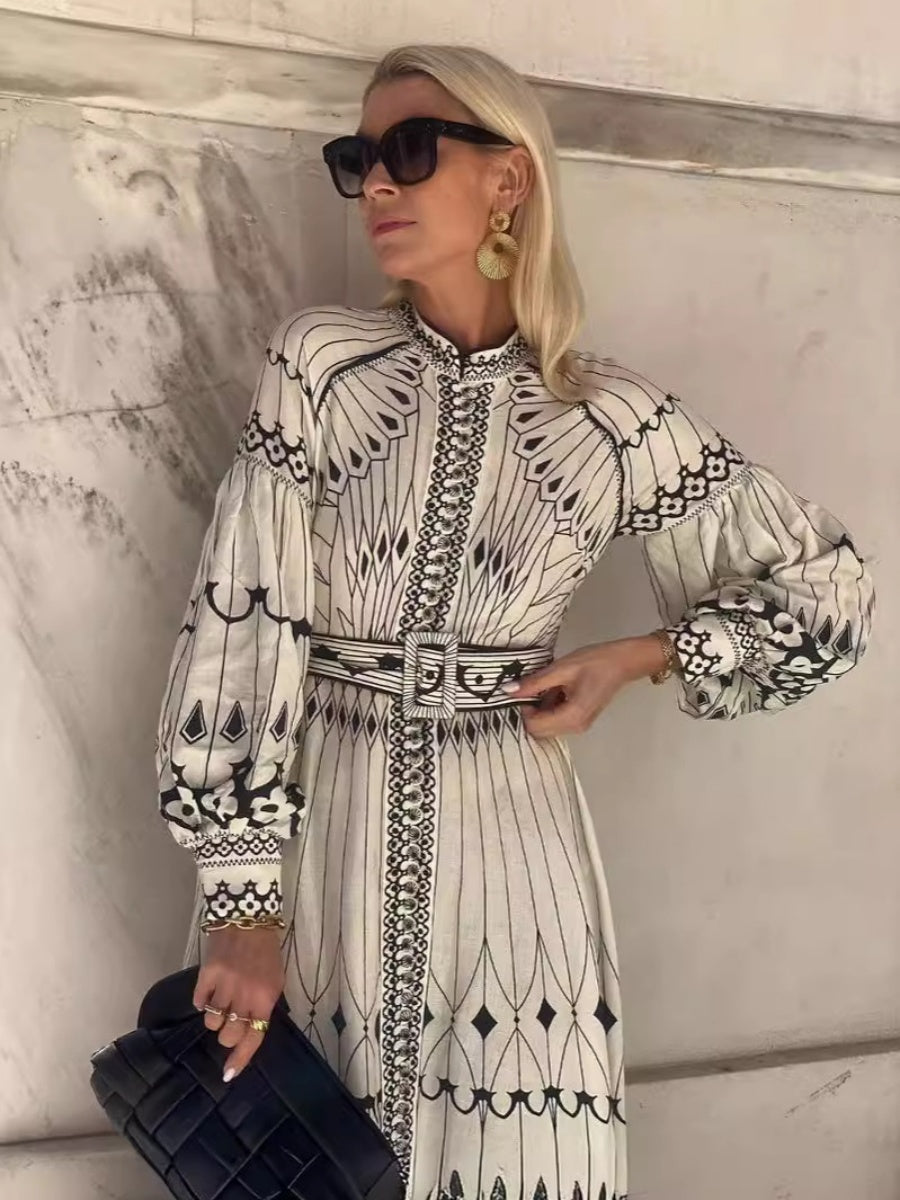 Vintage Baskılı Fener Kollu Midi Elbise