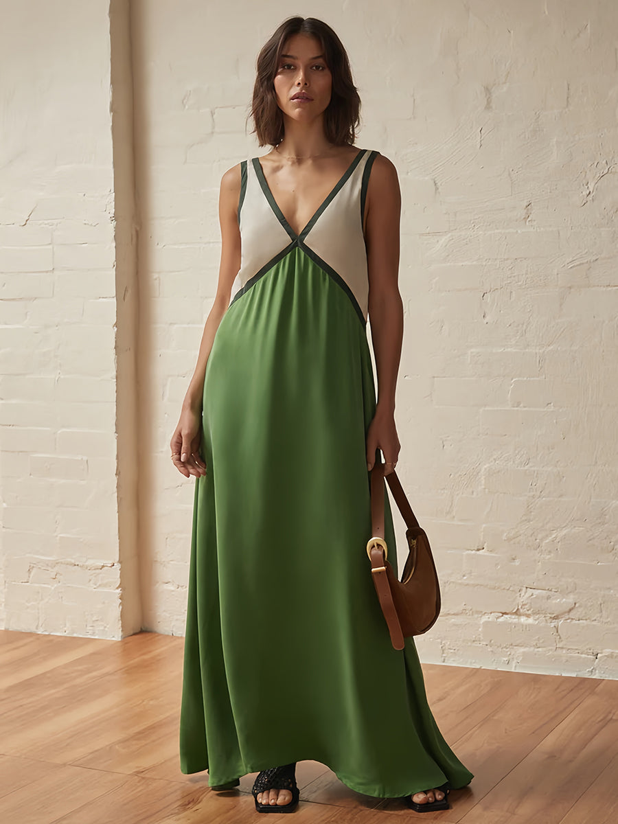 Renk Bloklu Kolsuz Sırtı Açık Uzun Elbise