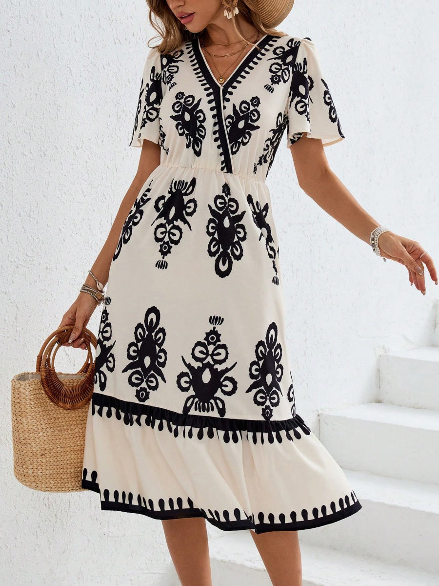 Vintage Baskılı V Yaka Midi Elbise