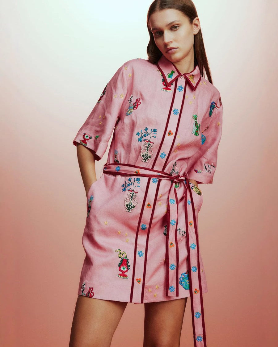 Çiçek Desenli Keten Pembe Mini Elbise