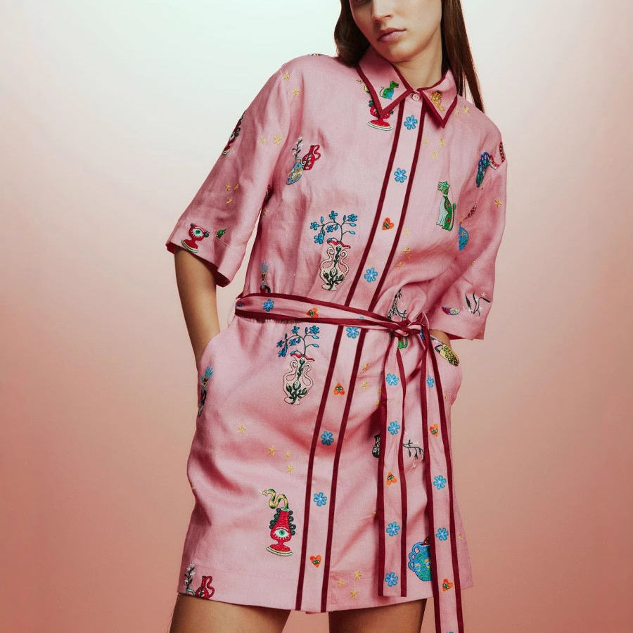 Çiçek Desenli Keten Pembe Mini Elbise