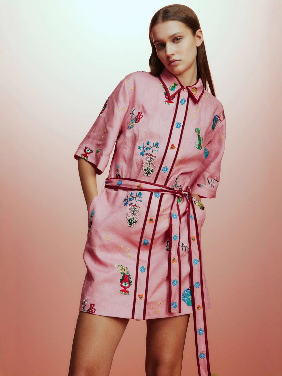 Çiçek Desenli Keten Pembe Mini Elbise