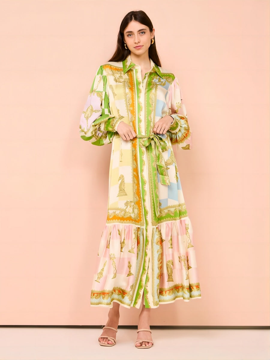 Fener Kollu Graffiti Baskılı Bağcıklı Midi Elbise