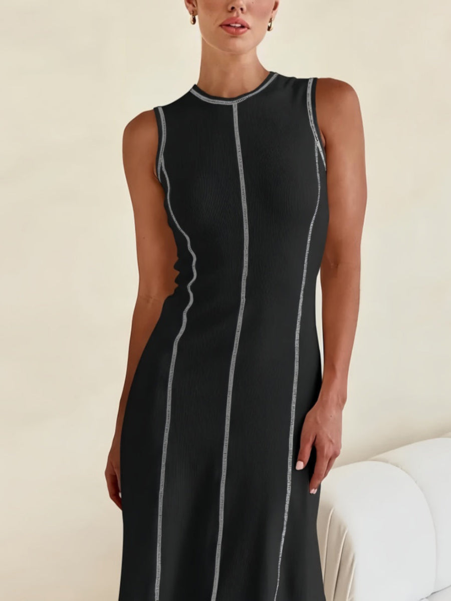 Kontrast Dikişli Kolsuz Midi Elbise