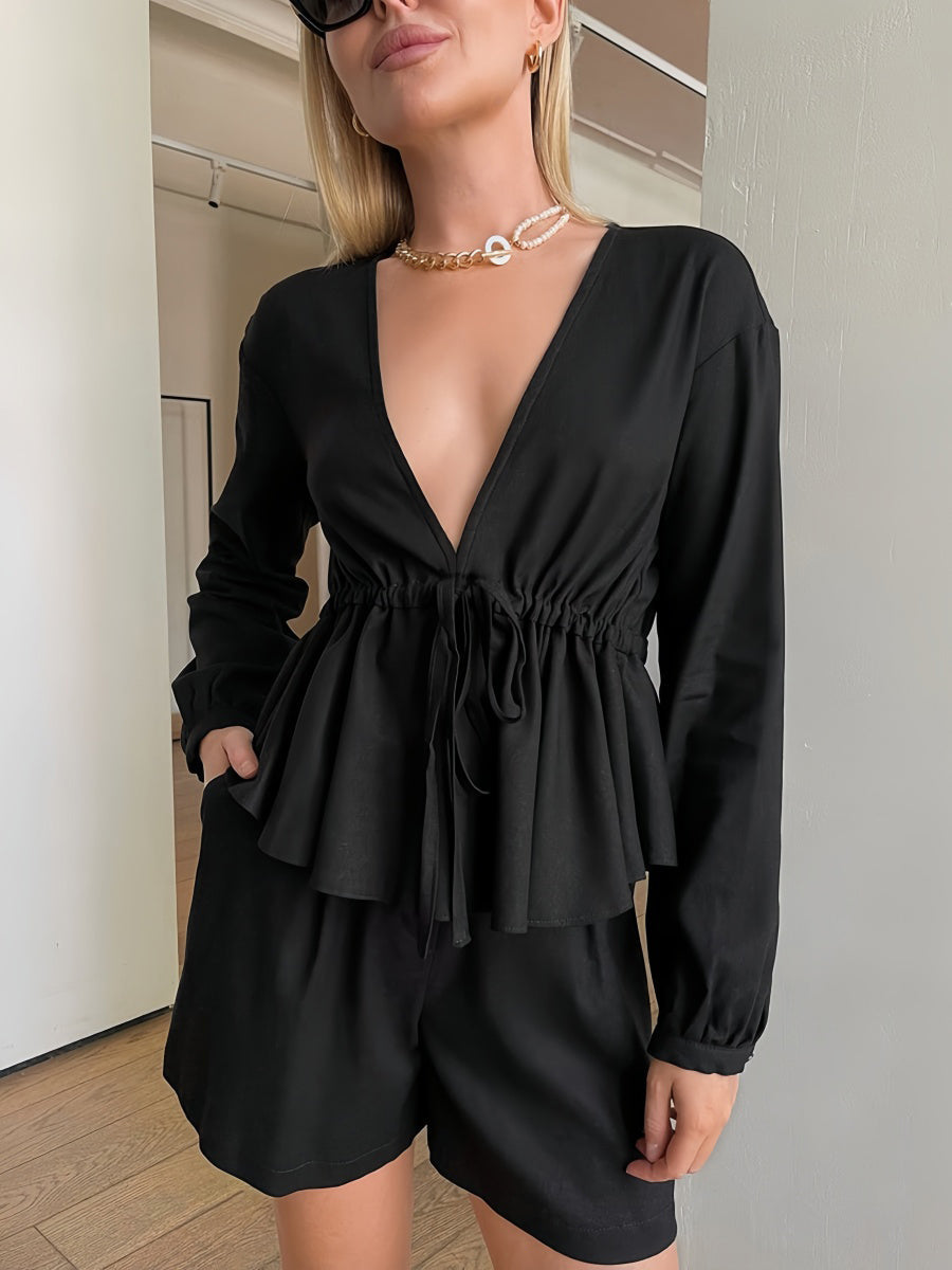 Siyah Bağlamalı Şort Takımı