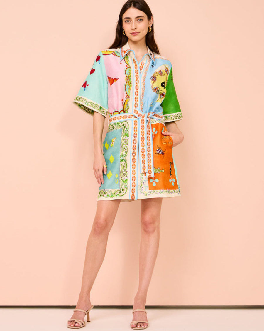 Renkli Poker Baskılı A Kesim Mini Gömlek Elbise