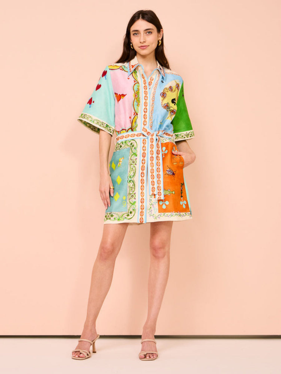 Renkli Poker Baskılı A Kesim Mini Gömlek Elbise