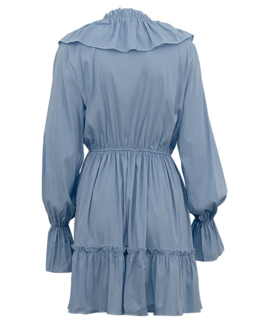 Volanlı V Yakalı Kloş Kollu Mini Elbise