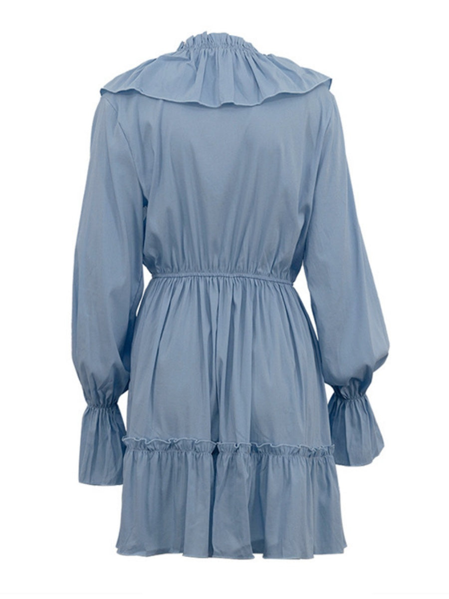 Volanlı V Yakalı Kloş Kollu Mini Elbise