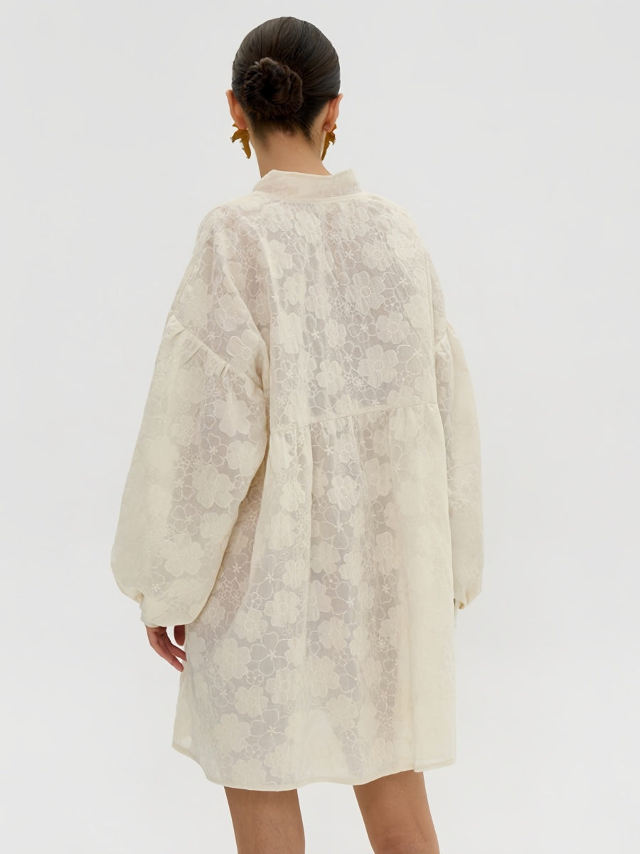 İşlemeli Çiçekli Bol Gömlek Elbise