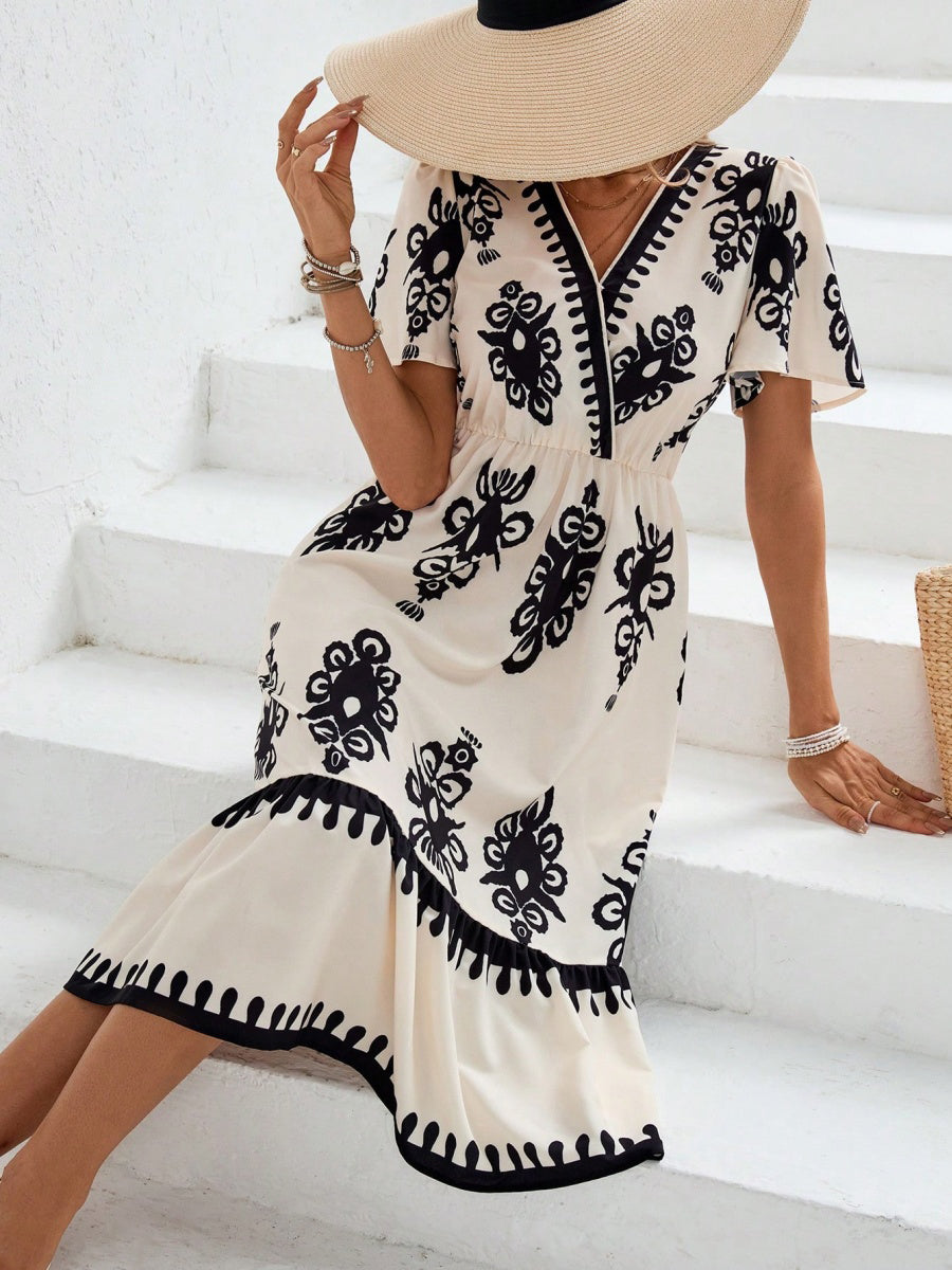 Vintage Baskılı V Yaka Midi Elbise