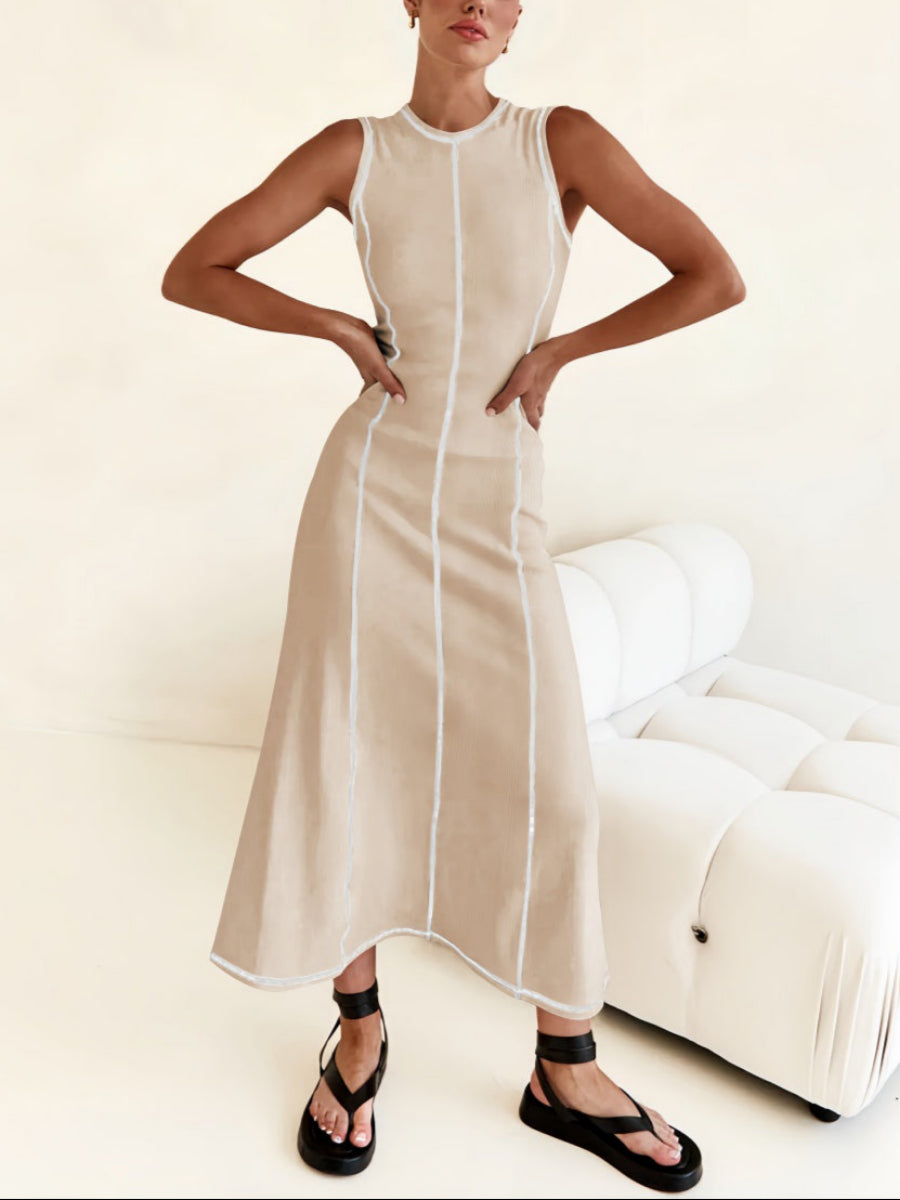 Kontrast Dikişli Kolsuz Midi Elbise