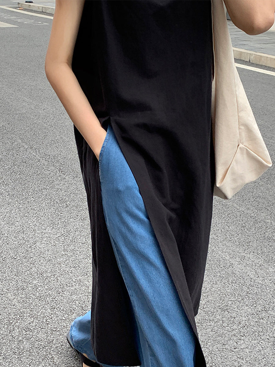 Düz V Yakalı Yelek Yırtmaçlı Midi Elbise