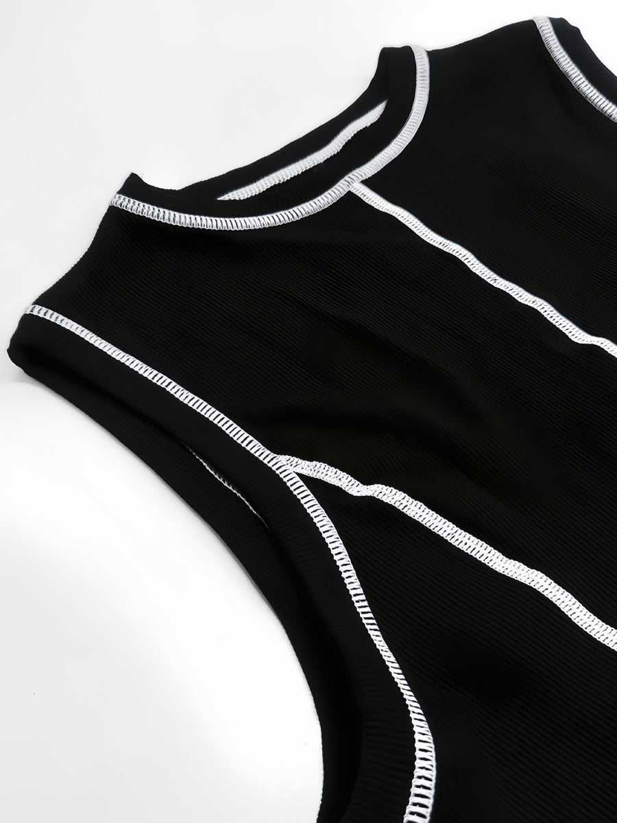 Kontrast Dikişli Kolsuz Midi Elbise