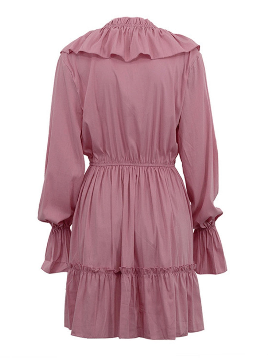 Volanlı V Yakalı Kloş Kollu Mini Elbise