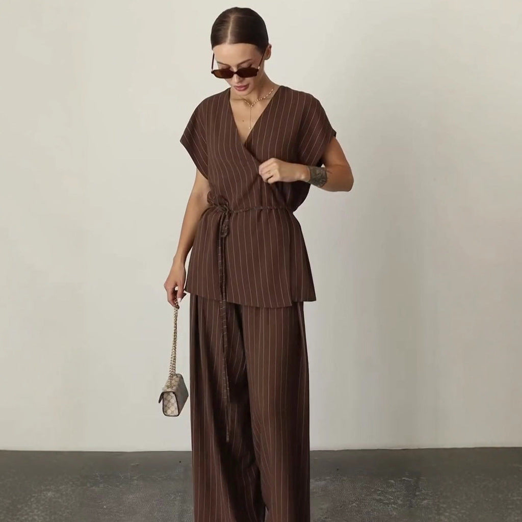 Çizgili Kuşaklı Bluz - Pantolon Takım