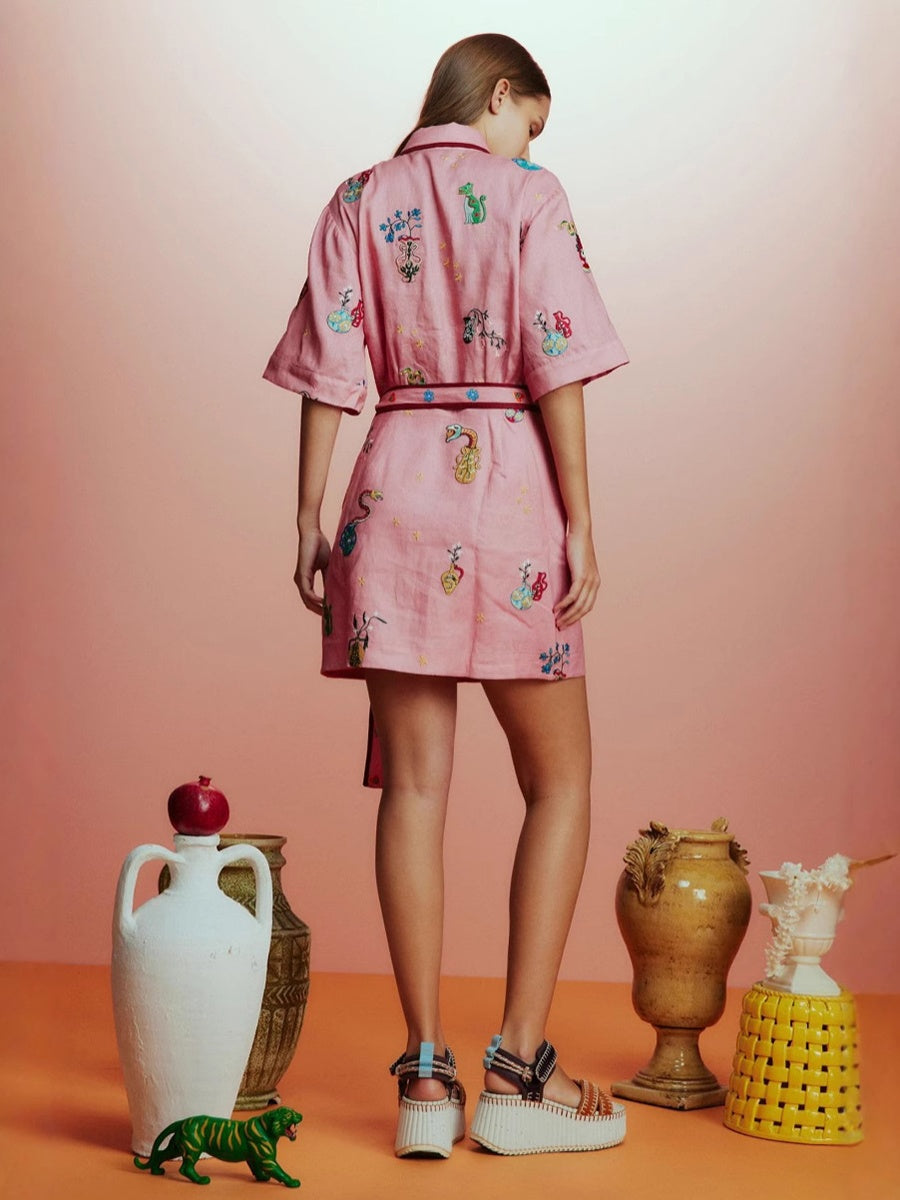 Çiçek Desenli Keten Pembe Mini Elbise