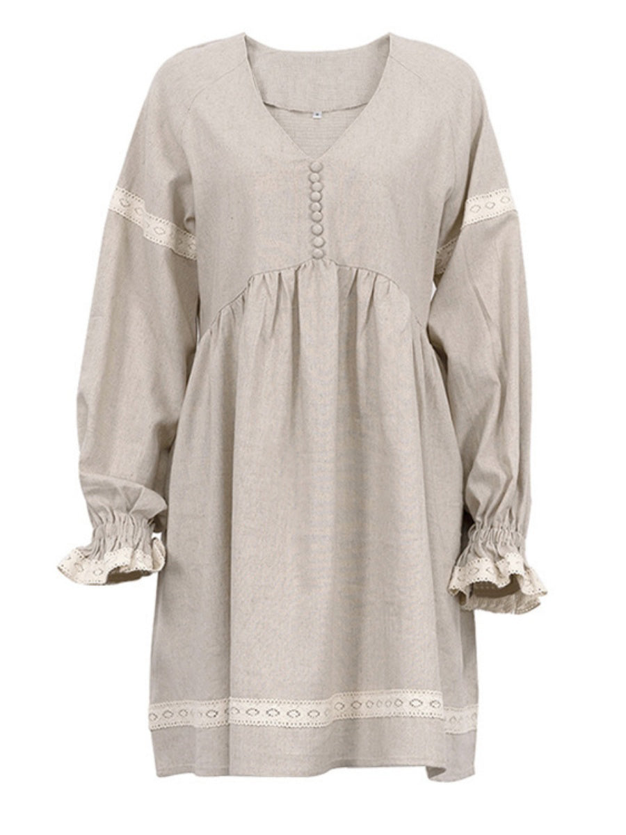 V Yakalı Fener Kollu Bol Kısa Elbise