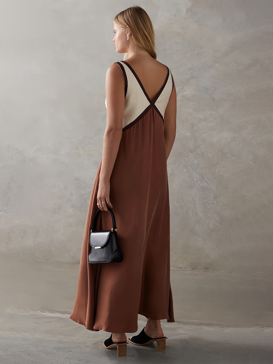 Renk Bloklu Kolsuz Sırtı Açık Uzun Elbise