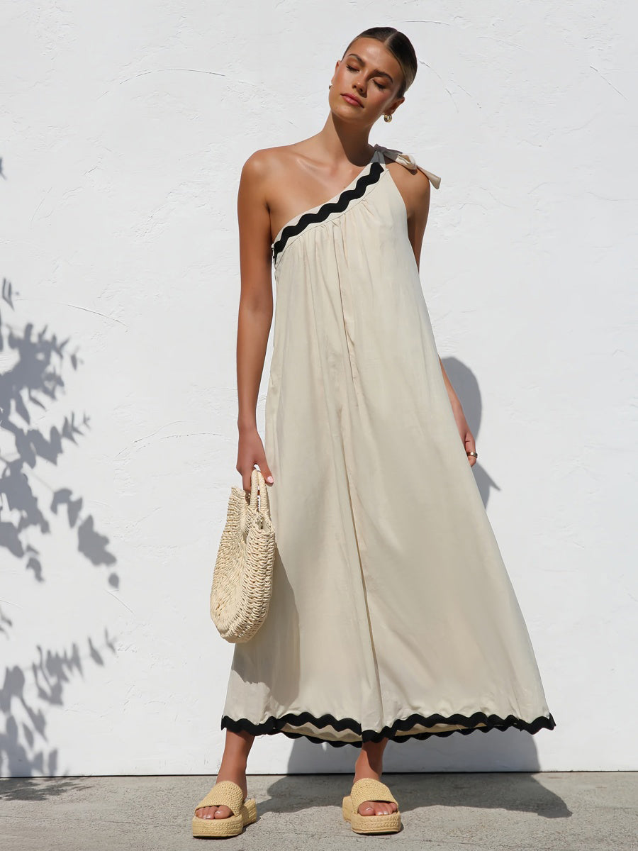 Tek Omuzlu Kontrast Etek Tatil Elbisesi